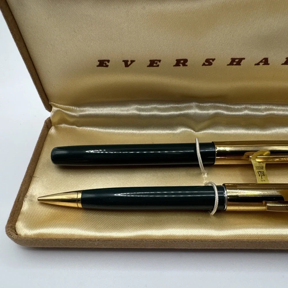 Vintage Eversharp Fountain Pen & Pencil Set 14K Gold Nib, Box Tags Green USA